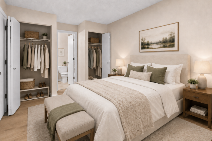 Elegant bedroom with a cozy atmosphere, featuring plush bedding, warm lighting, and a walk-in closet with ample storage.