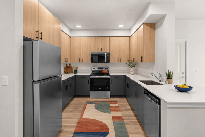 Modern kitchen with sleek two-tone cabinets, stainless steel appliances, and a vibrant geometric rug adding a touch of style.