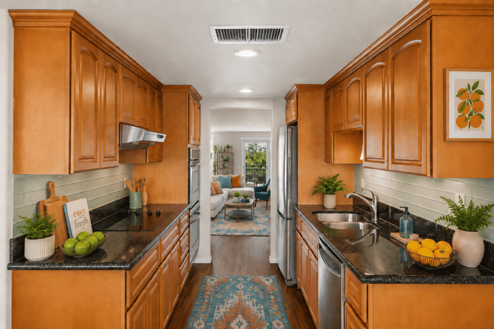 Elegant kitchen with rich wooden cabinetry, modern appliances, and a cozy view into a bright living room featuring vibrant decor and lush greenery.