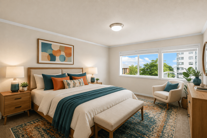 Bright and airy bedroom featuring a modern design with a plush bed, stylish decor, and large windows showcasing a city view.