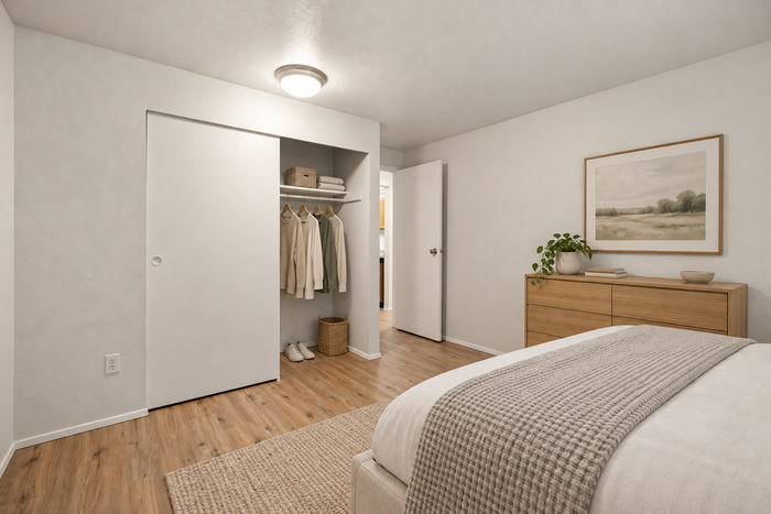 Inviting bedroom with elegant wood flooring, cozy bedding, and a stylish closet space.