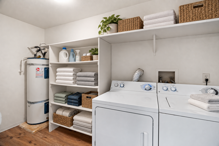 Modern laundry room with washer, dryer, storage shelves, and organized detergent supplies.