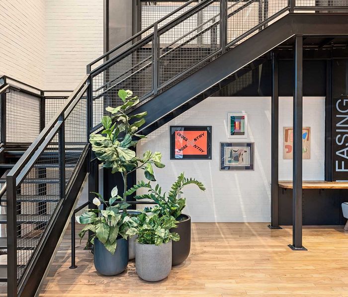 Modern industrial-style space with sleek metal staircase, vibrant potted plants, and contemporary wall art on polished wooden floors.