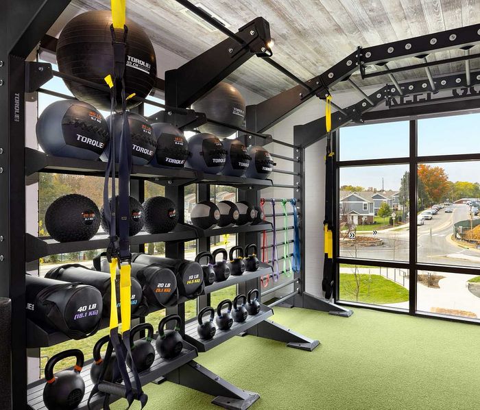 Modern fitness room with natural light, featuring kettlebells, medicine balls, resistance bands, and pull-up bars. Panoramic window view highlights vibrant neighborhood.