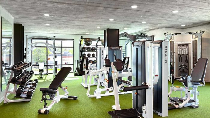 Modern fitness center with state-of-the-art equipment, bright natural lighting, and an invigorating atmosphere.