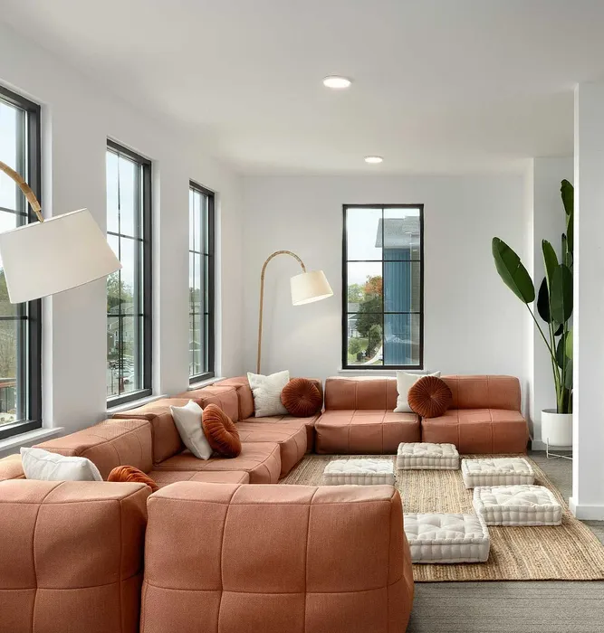 Chic living room with large corner sofa, contemporary floor lamps, and plush cushions, framed by expansive windows with a lush indoor plant adding a touch of nature.