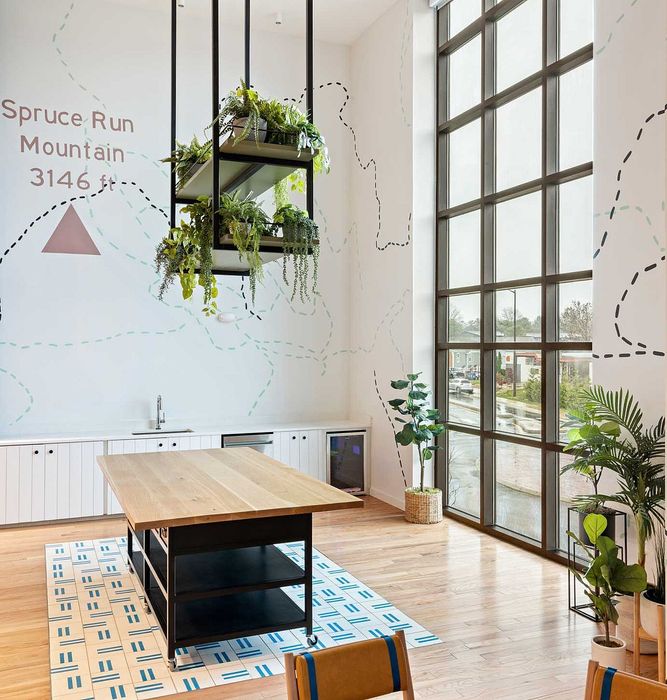 Bright and modern interior with high ceilings, large grid windows, lush hanging plants, and a sleek wooden island, offering a spacious and inviting atmosphere.