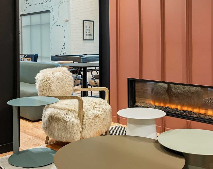 Cozy and modern living space featuring a plush fur chair, sleek side tables, and a warm, inviting fireplace ambiance.