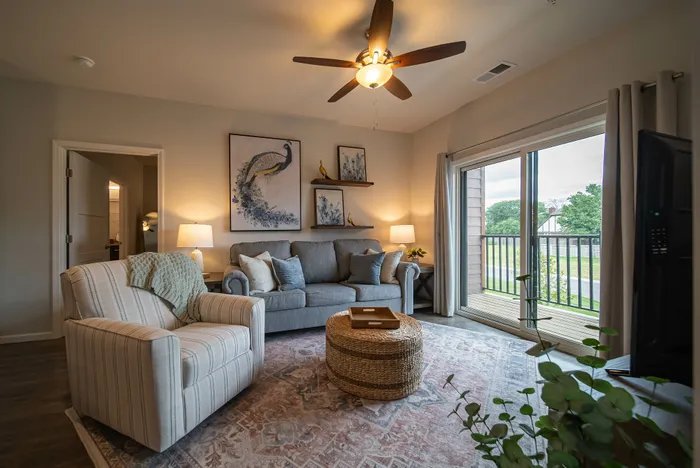 Union-Mill-Apartments-Wichita-Kansas-Furnished-Two-Bedroom-Living-Room-Balcony-Doors