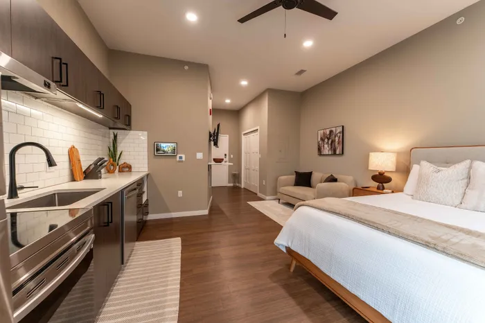 Heritage-Luxury-Apartments-Springfield-Missouri-Furnished-Micro-Studio-509-Kitchen-And-Front-Entrance