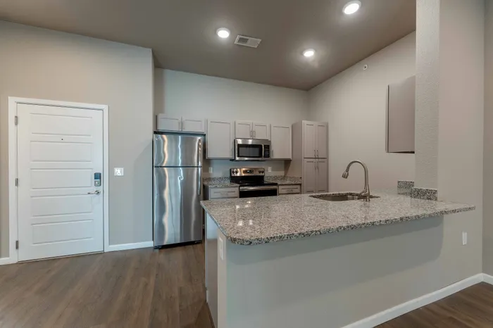 Coryell-Commons-Heights-Apartments-For-Rent-South-Springfield-Missouri-One-Bed-Unit-408-Kitchen-And-Front-Door