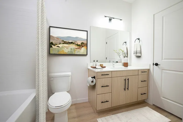 Elegant bathroom featuring modern vanity with sleek faucets, stylish artwork, and luxurious fixtures.
