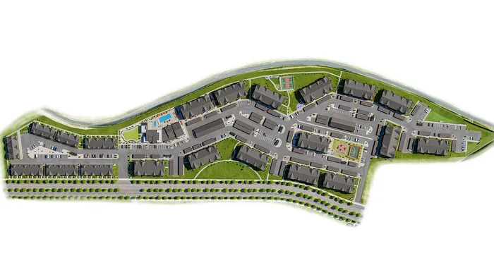 Expansive apartment complex layout featuring multiple buildings, lush green spaces, a sparkling swimming pool, and tennis courts, all nestled within a serene environment perfect for relaxing living.