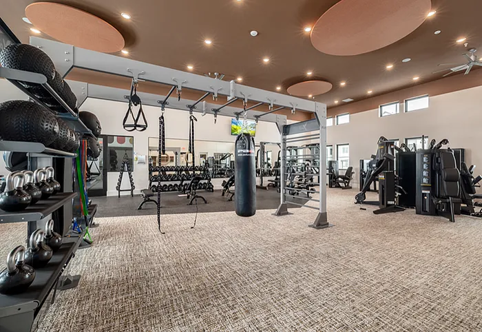 Modern fitness center with state-of-the-art equipment, including a punching bag, kettlebells, and versatile gym stations under stylish lighting.