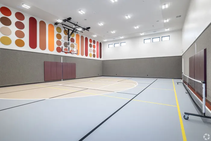 Modern indoor sports court with a vibrant, colorful wall design, featuring a basketball hoop and clean, spacious flooring.