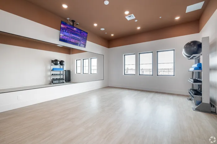 Bright and modern fitness room with a large mirror, sleek wooden flooring, and a fully equipped workout station.
