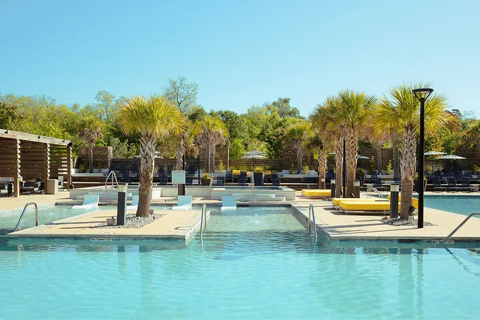 Resort-style swimming pool with palm trees and lounge seating at Wildwood Baton Rouge student apartments near LSU