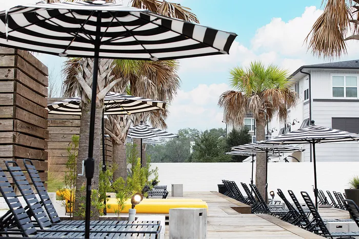 Poolside lounge seating with umbrellas and palm trees at Wildwood Baton Rouge student apartments near LSU