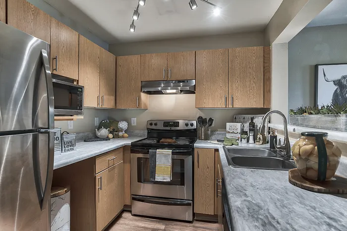 Modern kitchen with stainless steel appliances at The Lodge of Athens student apartments