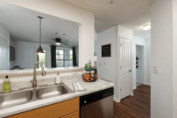 Open kitchen and living area at The Lodge of Athens student apartments