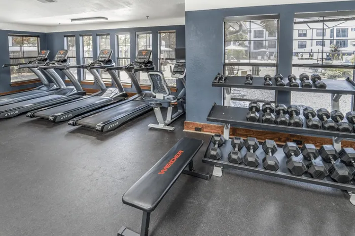 Gym with treadmills and free weights at The Lodge of Athens