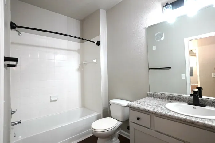 Modern bathroom with elegant granite countertop and sleek fixtures, featuring a pristine bathtub and well-lit mirror.