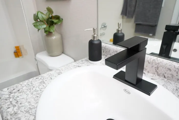 Elegant bathroom vanity with modern black faucet, sleek stone countertop, and decorative plant for a fresh touch.