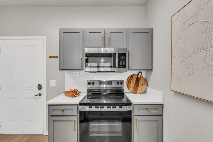 Modern kitchen with sleek grey cabinetry, stainless steel appliances, and elegant countertops, perfect for stylish living.