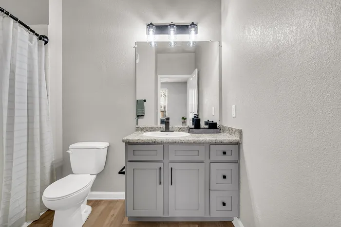 Contemporary bathroom with elegant gray cabinetry and sleek granite countertop, featuring modern lighting and pristine fixtures.