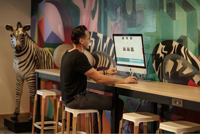 Modern coworking space with vibrant wall art, featuring a man working on a computer next to a striking zebra sculpture.