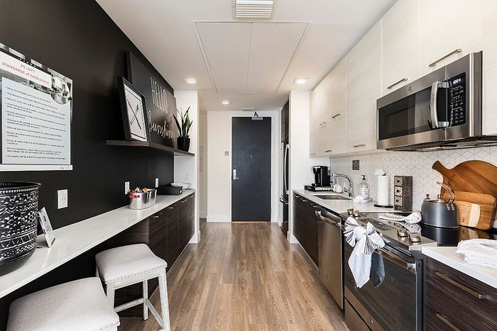 Modern kitchen with sleek dark cabinets, stainless appliances, and bright accent wall for a stylish culinary experience.