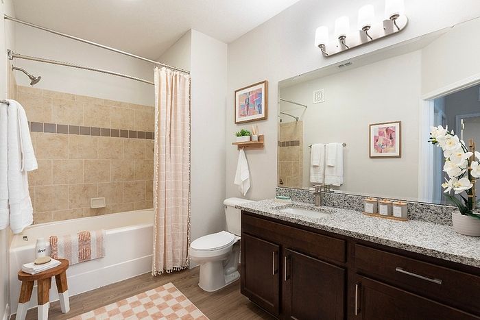 Elegant bathroom with granite countertop, spacious bathtub, and modern lighting, enhanced by stylish decor and natural tones.