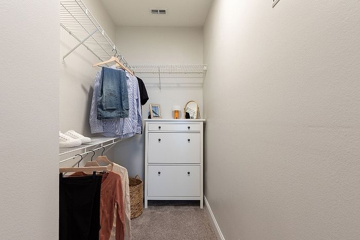 Spacious and organized walk-in closet showcasing ample hanging space, a chic white dresser, and elegant storage options.