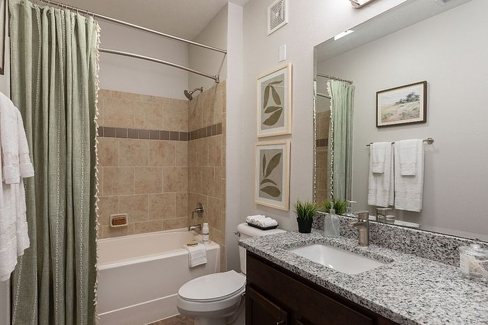 Bright and modern bathroom featuring a granite countertop, elegant tile shower, and stylish decor with framed artwork.