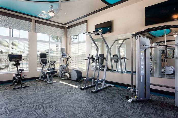 Modern apartment gym featuring state-of-the-art exercise equipment, including treadmills, elliptical machines, and a multi-station workout system in a brightly lit space.