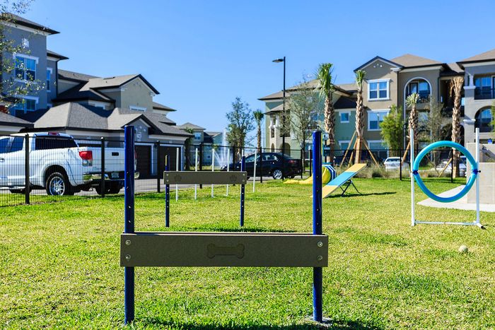 Vibrant residential complex featuring modern buildings and a lush, pet-friendly agility park under a clear blue sky.