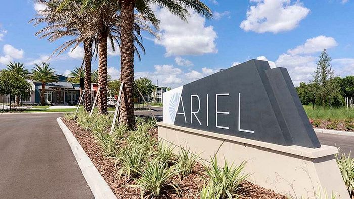 Welcoming entrance view of Ariel Apartments adorned with palm trees and a stylish modern sign under a bright blue sky.