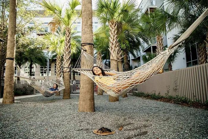Relaxing outdoor space with hammocks under lush palm trees, perfect for unwinding in a serene apartment community setting.