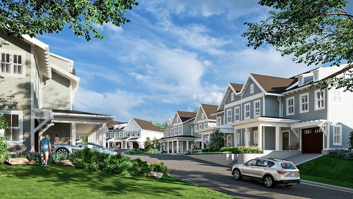 Charming suburban neighborhood with modern townhouses and lush greenery, perfect for a peaceful lifestyle.