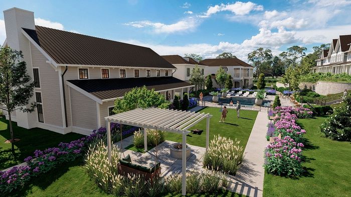 Charming residential scene featuring elegant apartments with a modern design, landscaped gardens, a pergola with seating, and an inviting pool area under a bright blue sky.