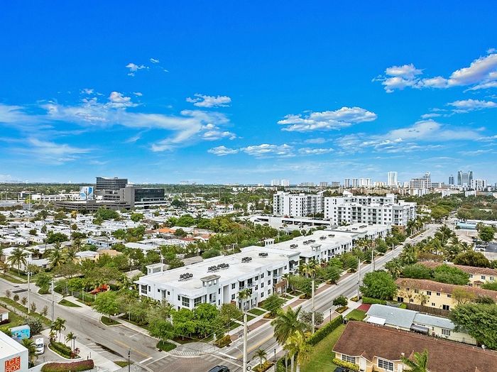 Panoramic cityscape showcasing modern residential buildings, lush greenery, and a vibrant urban skyline against a bright, clear blue sky.
