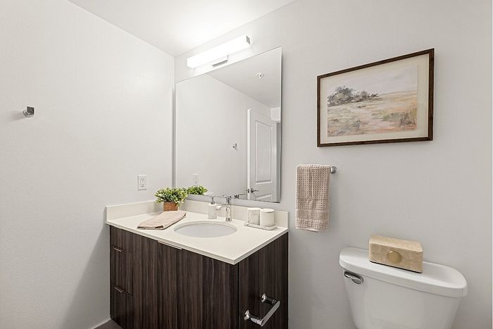 Modern bathroom with sleek vanity, elegant mirror, and stylish decor, offering a refreshing and serene ambiance.