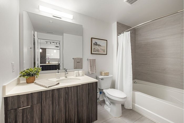 Modern bathroom featuring a sleek vanity with ample storage, elegant fixtures, and a relaxing bathtub with a stylish shower curtain.