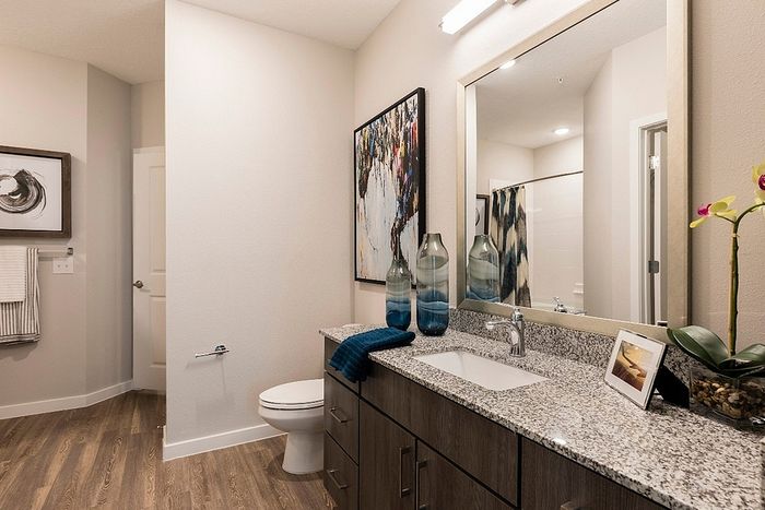 Elegant bathroom with modern decor, featuring a granite countertop, stylish artwork, and ambient lighting for a luxurious feel.