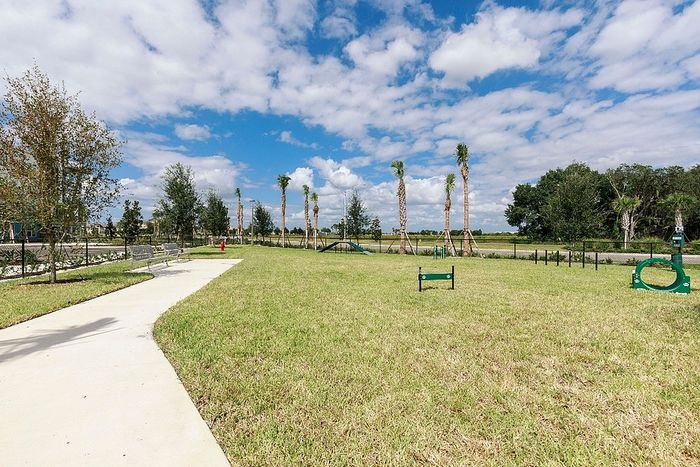 Expansive green park with a walking path, palm trees, and recreational equipment against a vibrant sky.