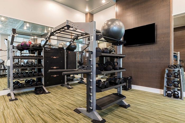 Modern apartment gym featuring state-of-the-art fitness equipment and sleek design, ideal for workouts.