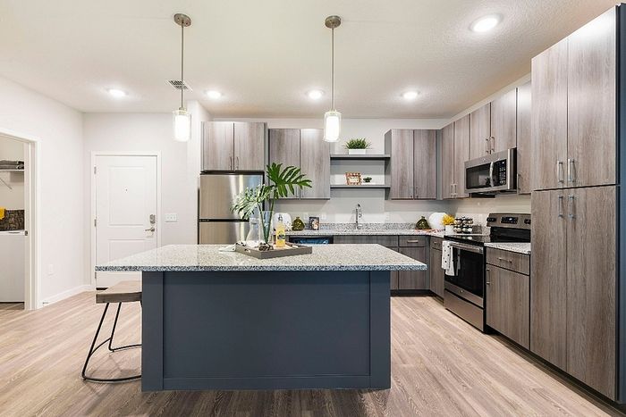 Modern kitchen with sleek cabinetry, a spacious granite island, stainless steel appliances, and elegant lighting fixtures, perfect for culinary enthusiasts.