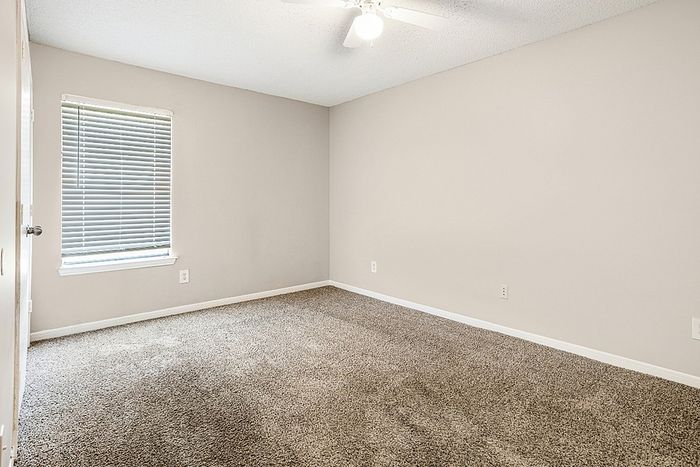 Bright and inviting carpeted bedroom with natural light, featuring a ceiling fan and neutral walls.
