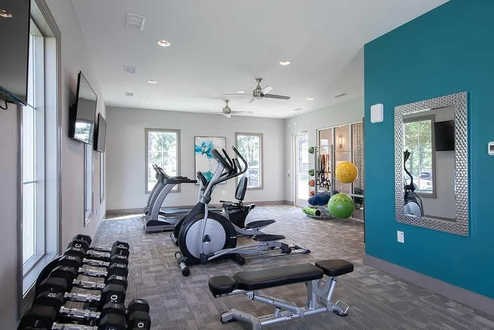 Modern fitness center with state-of-the-art exercise equipment, bright windows, and stylish decor.