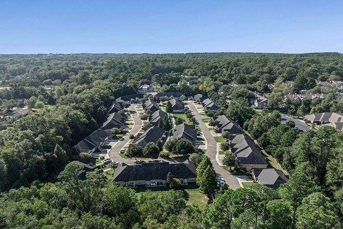 Charming aerial view of a serene residential neighborhood nestled in lush greenery, featuring modern homes and peaceful streets.